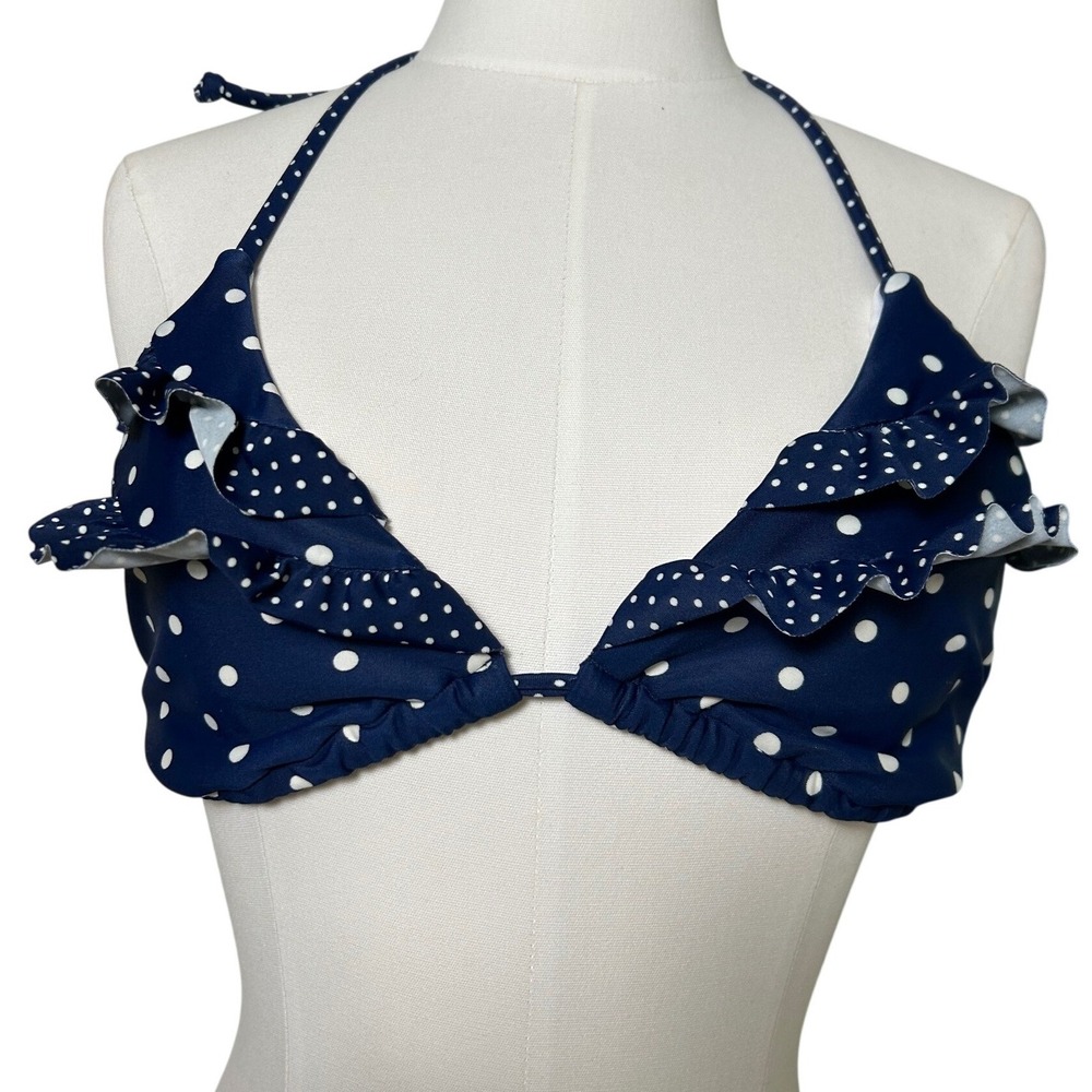 Y2K Navy Blue Polka Dot Ruffle Triangle Bikini Top‎ Halter Swimwear 2000s  S